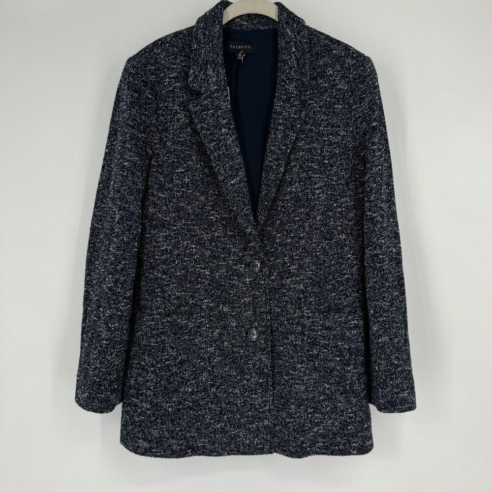 Talbots Jacket Women’s 14 navy blue tweed blazer workwear minimalist office